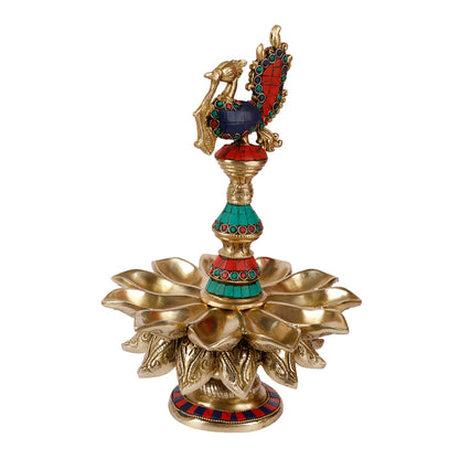 Brass Diyas for Puja : Peacock Oil Lamp Diya with Table Stand for Decoration in Home Temple Mandir Multicolor Stone Work - SvarupArt