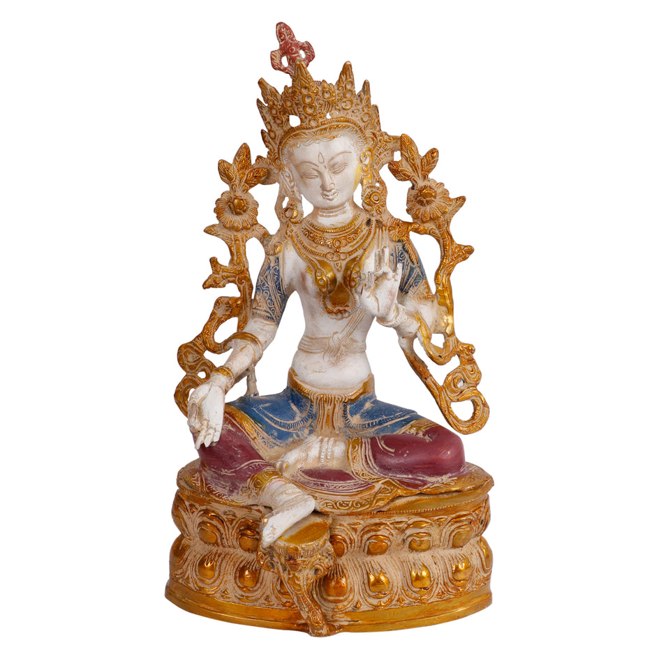 14" Tibetan Buddhist Goddess Green Tara In Brass With Marble Finish