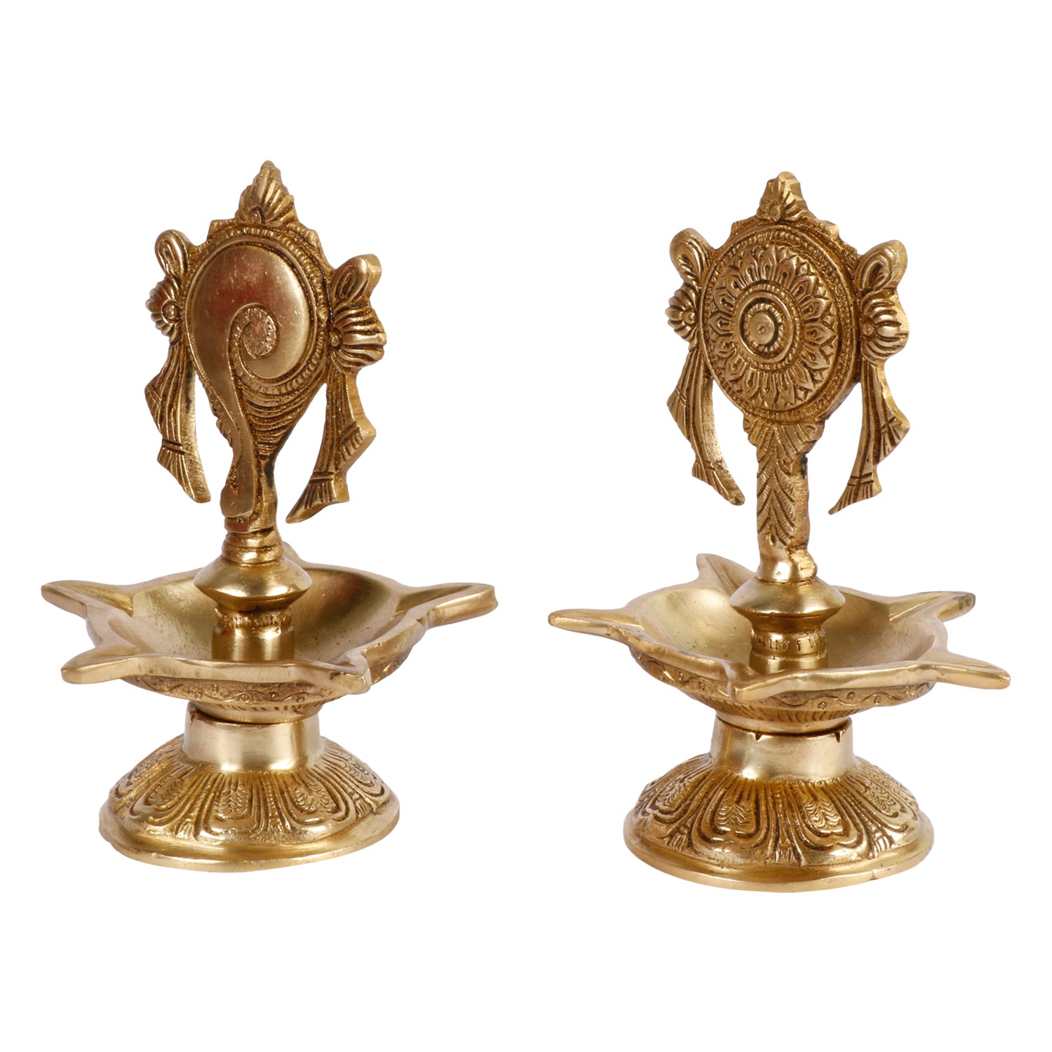 6.5 Inch Gold Color Brass Shankha Chakra Oil Lamp Diya Set: Ideal for Home Temple and Aarti Deepam, in a classic Gold - SvarupArt
