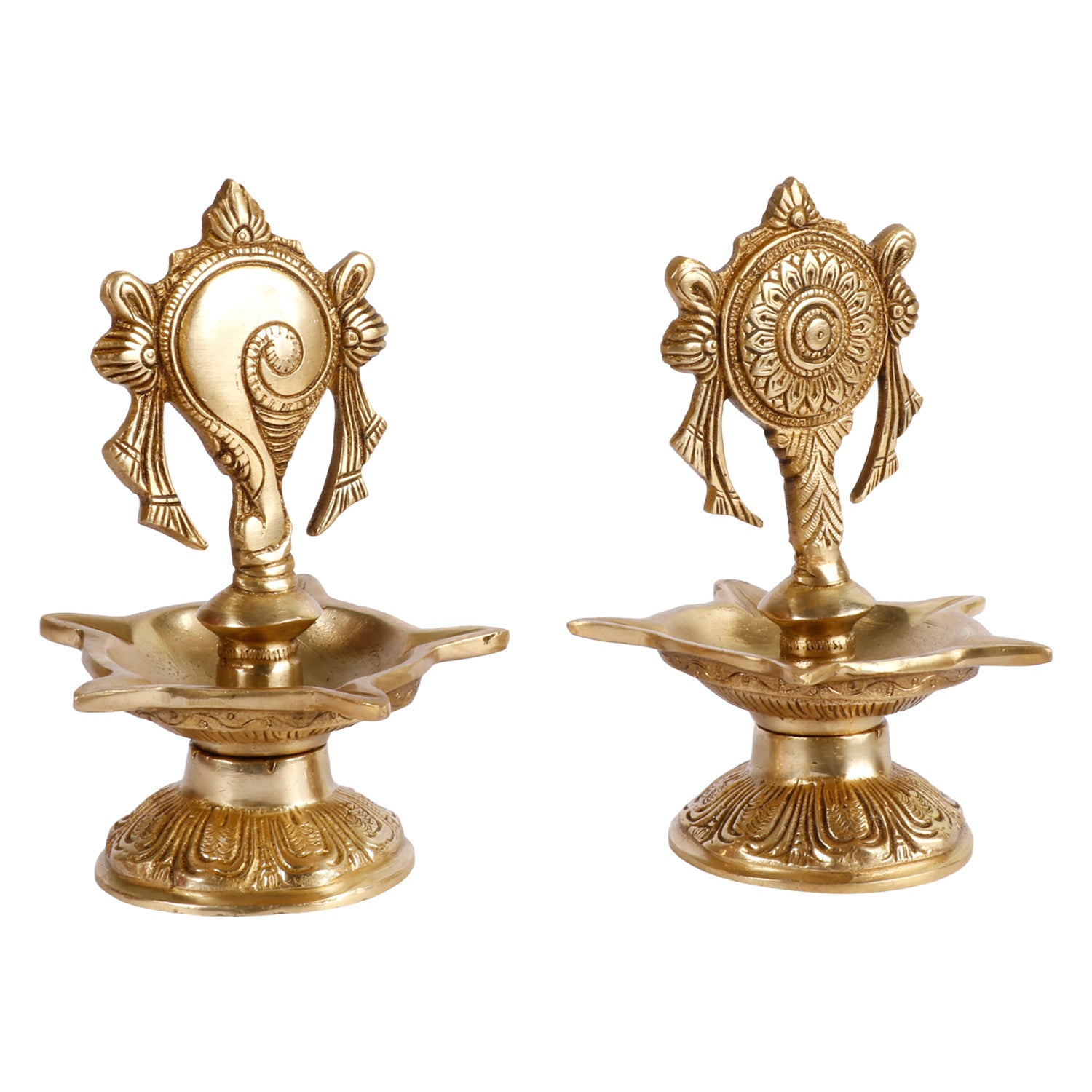 6.5 Inch Gold Color Brass Shankha Chakra Oil Lamp Diya Set: Ideal for Home Temple and Aarti Deepam, in a classic Gold - SvarupArt