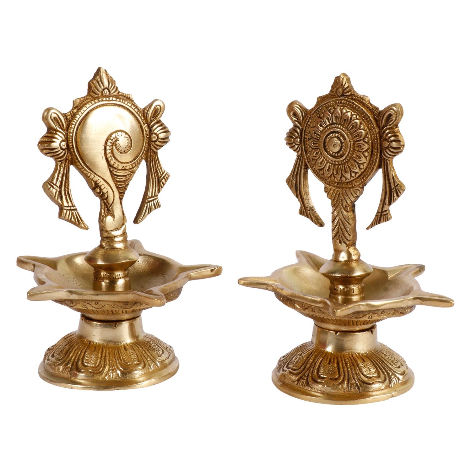 6.5 Inch Gold Color Brass Shankha Chakra Oil Lamp Diya Set: Ideal for Home Temple and Aarti Deepam, in a classic Gold - SvarupArt