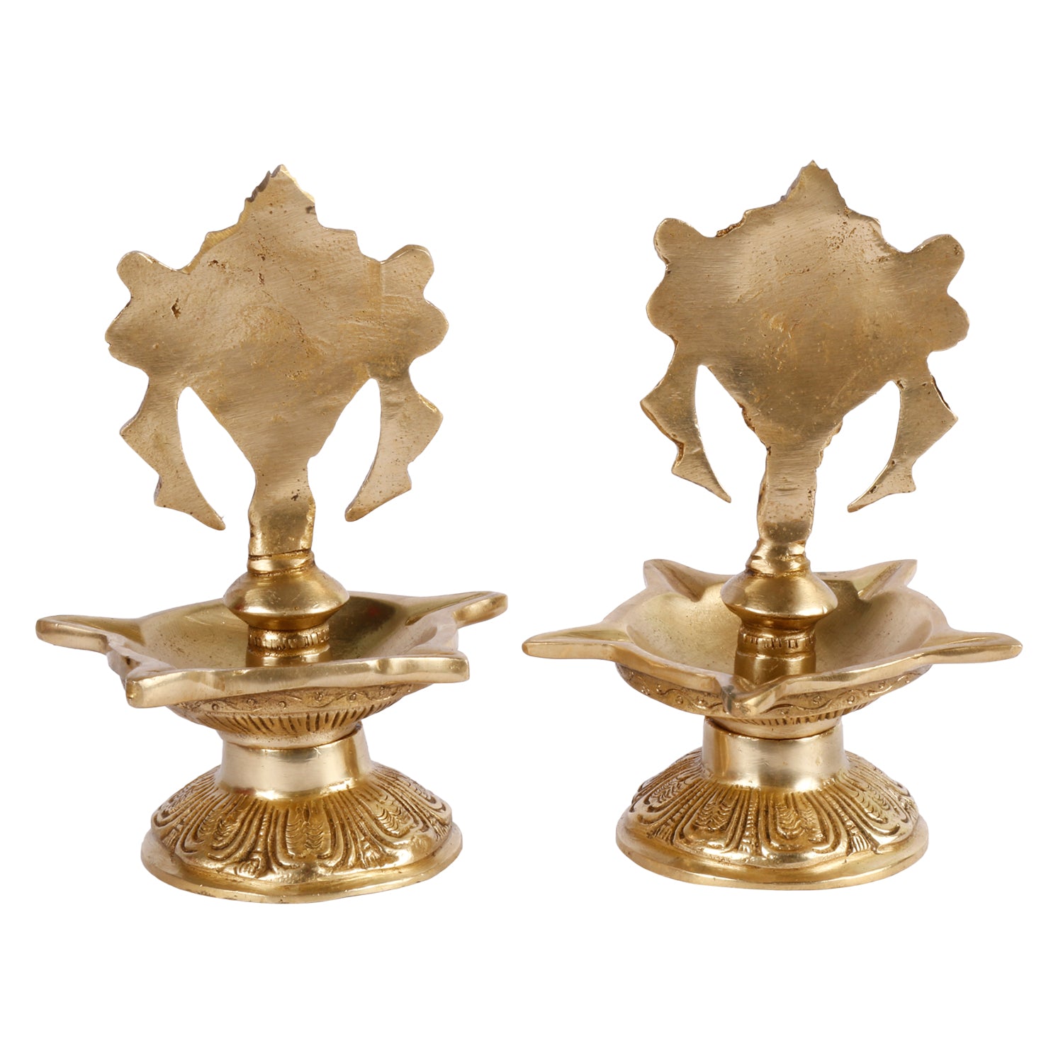 6.5 Inch Gold Color Brass Shankha Chakra Oil Lamp Diya Set: Ideal for Home Temple and Aarti Deepam, in a classic Gold - SvarupArt