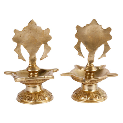 6.5 Inch Gold Color Brass Shankha Chakra Oil Lamp Diya Set: Ideal for Home Temple and Aarti Deepam, in a classic Gold - SvarupArt