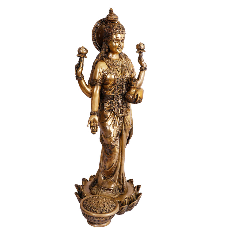 25" Laxmi Goddess Lakshmi Standing on Lotus Brass Murti