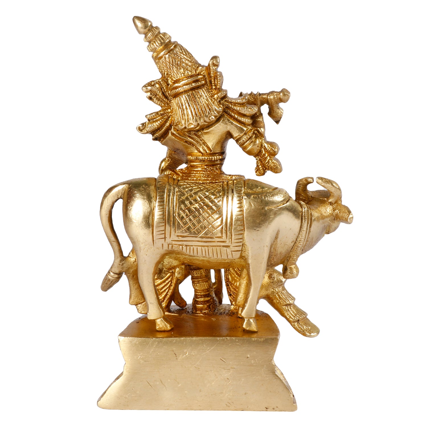 Brass Krishna Bhagwan Idol with Gau Mata in Gold Color Height 5 Inch - SvarupArt