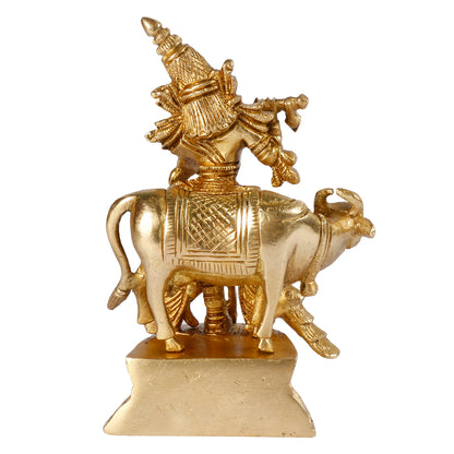 Brass Krishna Bhagwan Idol with Gau Mata in Gold Color Height 5 Inch - SvarupArt