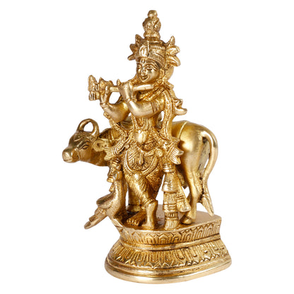 Brass Krishna Bhagwan Idol with Gau Mata in Gold Color Height 5.5 Inch