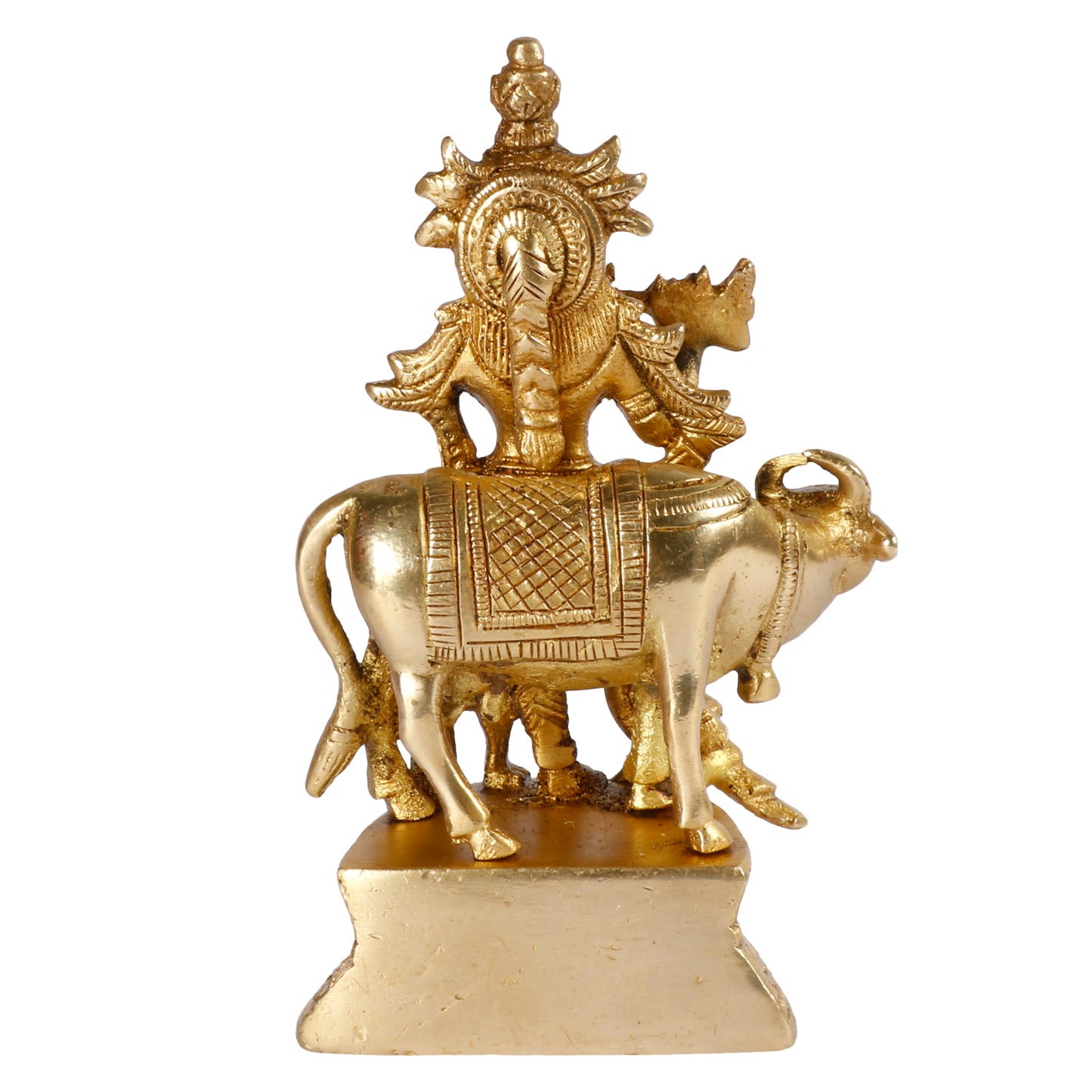 Brass Krishna Bhagwan Idol with Gau Mata in Gold Color Height 5.5 Inch