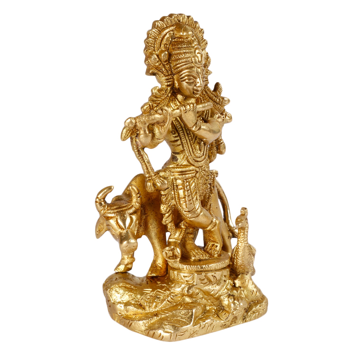Brass Krishna Bhagwan Idol with Gau Mata in Gold Color Height 4.75 Inch - SvarupArt