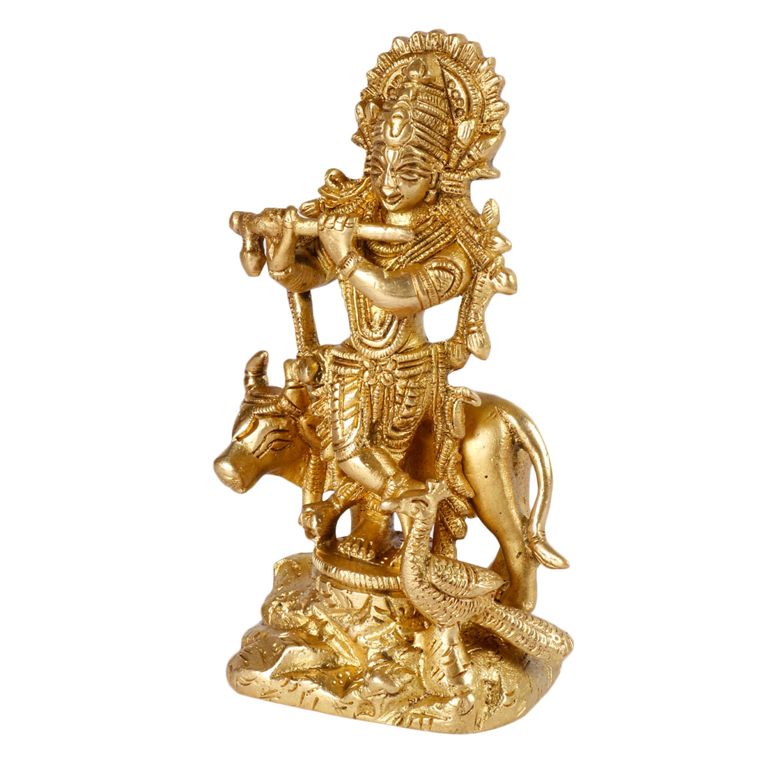 Brass Krishna Bhagwan Idol with Gau Mata in Gold Color Height 4.75 Inch - SvarupArt