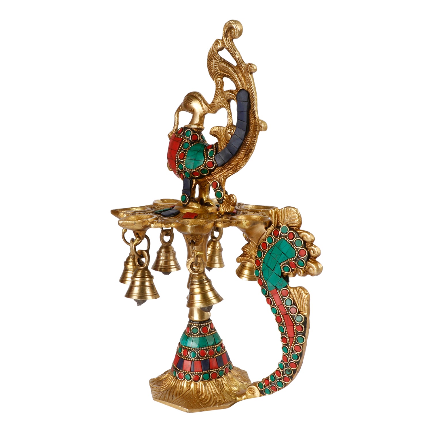 Brass Multicolor Stone Chip Peacock Decorative Diya With 7 Traditional Bells and 7 Diya Slot Antique Deepak Design - SvarupArt