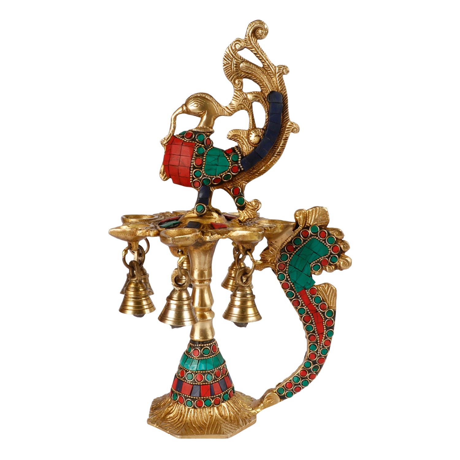 Brass Multicolor Stone Chip Peacock Decorative Diya With 7 Traditional Bells and 7 Diya Slot Antique Deepak Design - SvarupArt