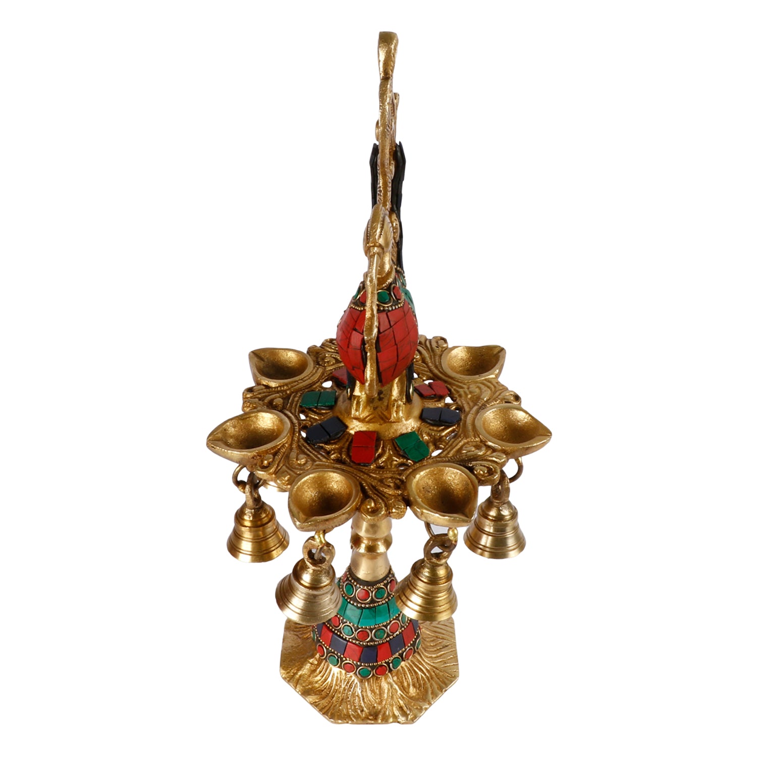 Brass Multicolor Stone Chip Peacock Decorative Diya With 7 Traditional Bells and 7 Diya Slot Antique Deepak Design - SvarupArt