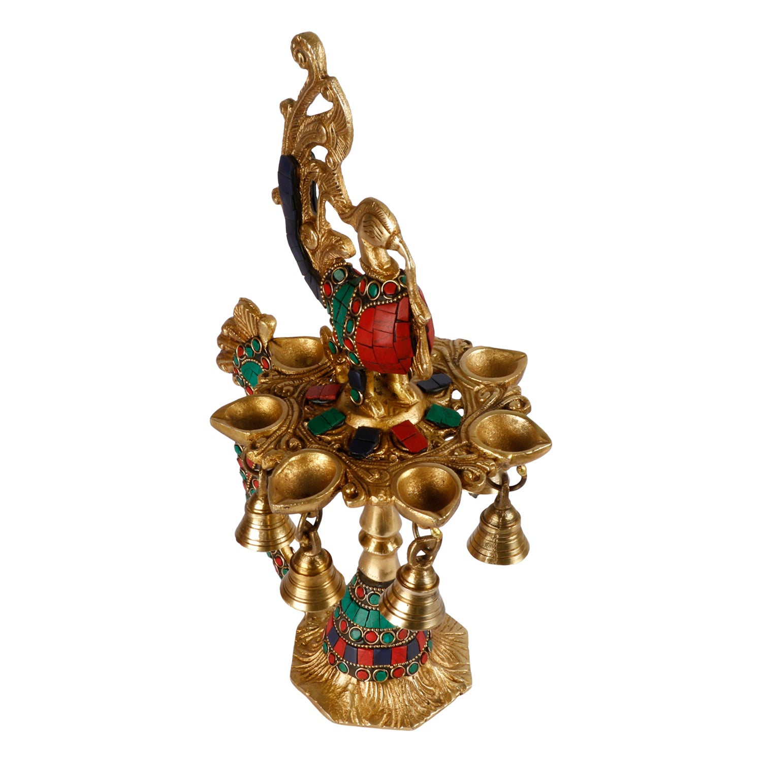 Brass Multicolor Stone Chip Peacock Decorative Diya With 7 Traditional Bells and 7 Diya Slot Antique Deepak Design - SvarupArt