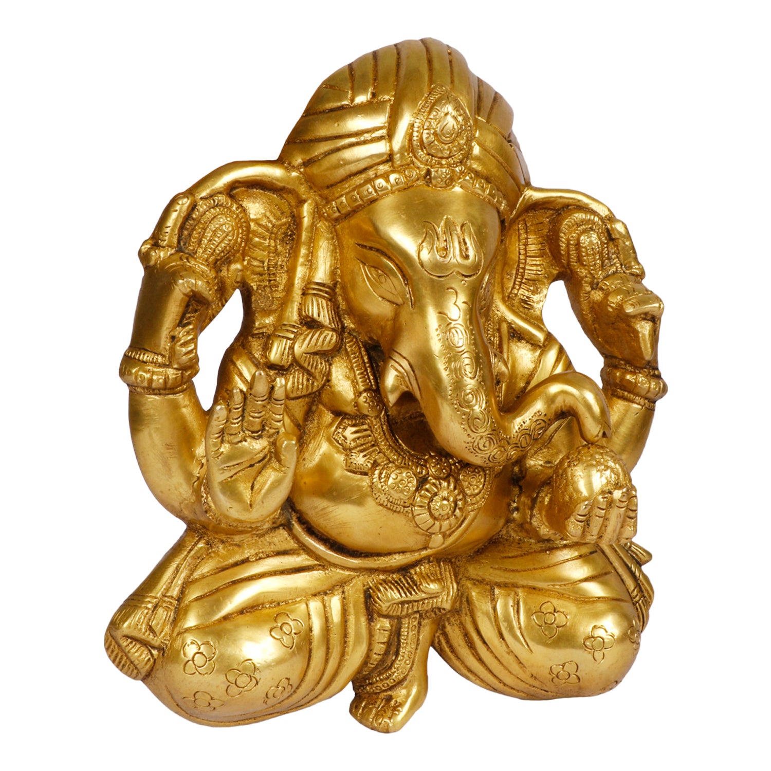 Brass Sitting Ganesha Idol In Gold Color Height 7.5 Inch Weight 2.5 Kg - SvarupArt