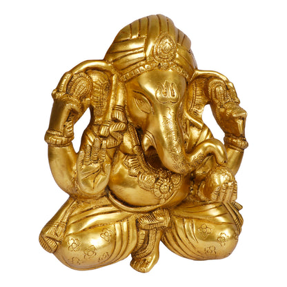 Brass Sitting Ganesha Idol In Gold Color Height 7.5 Inch Weight 2.5 Kg - SvarupArt