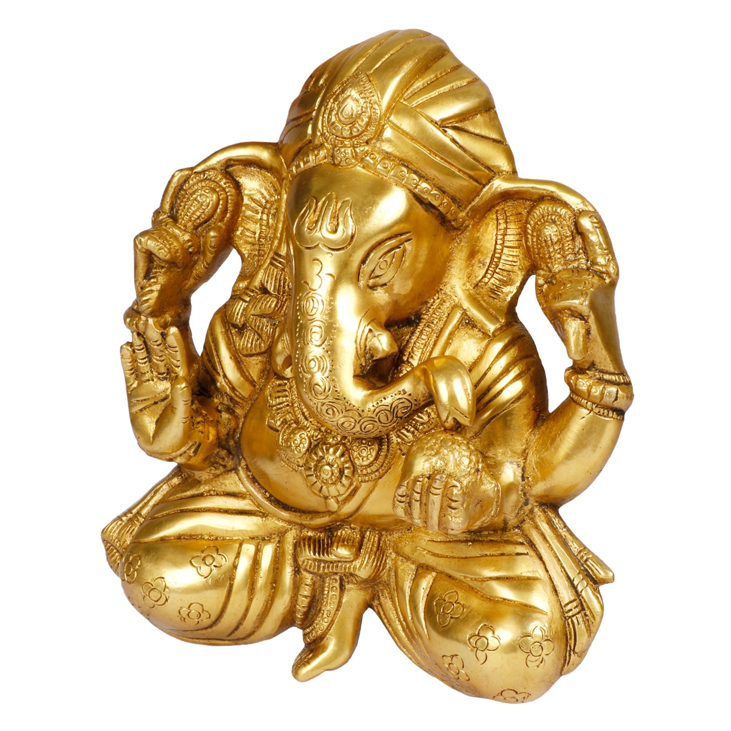 Brass Sitting Ganesha Idol In Gold Color Height 7.5 Inch Weight 2.5 Kg - SvarupArt