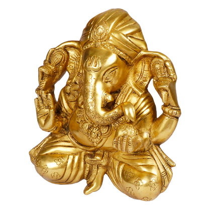 Brass Sitting Ganesha Idol In Gold Color Height 7.5 Inch Weight 2.5 Kg - SvarupArt