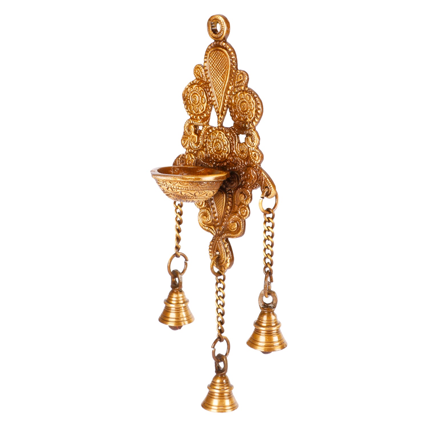 10 Inch Gold Color Brass Diya with 3 Bells on Chain: Designer Wall Decor & Gift for Home/Office. - SvarupArt