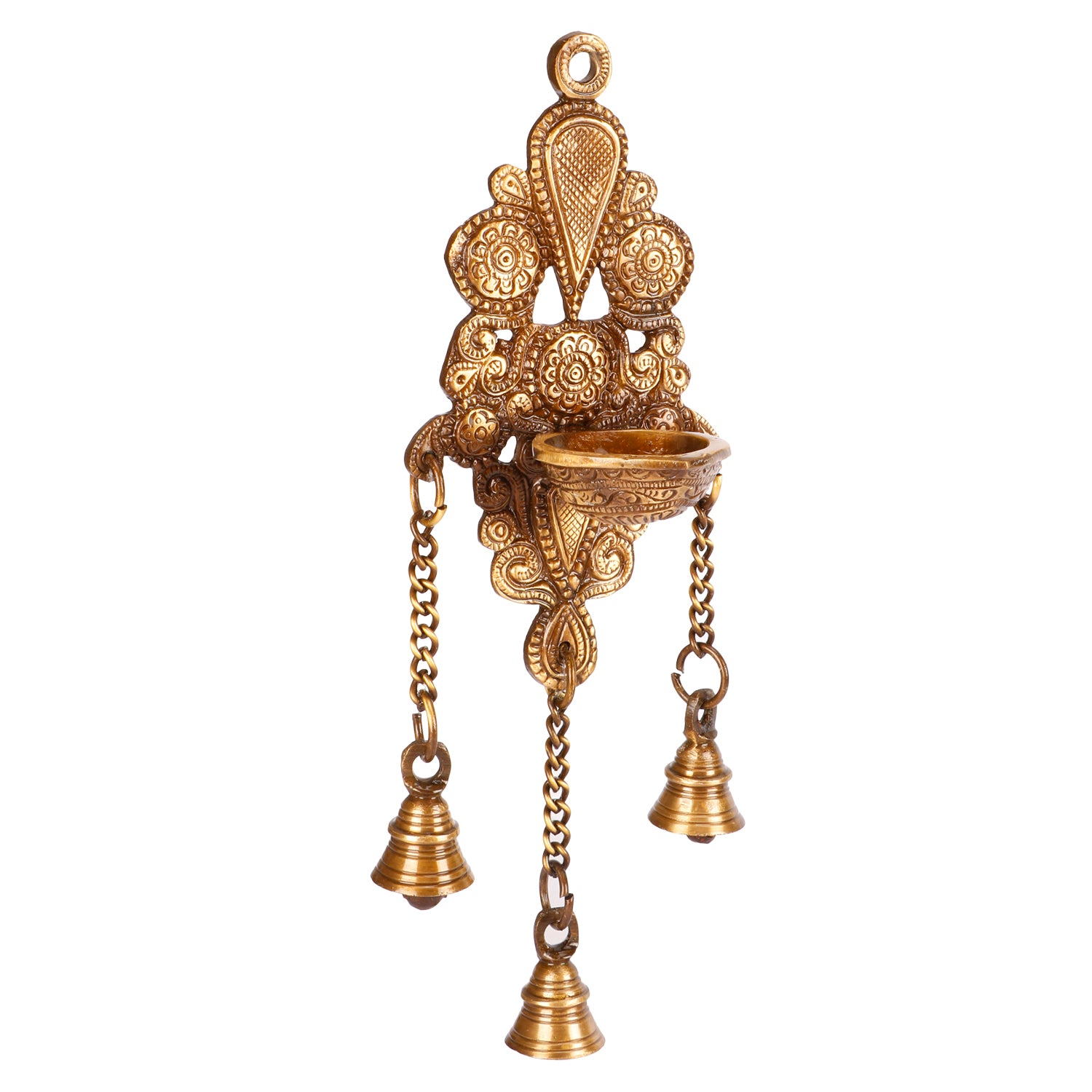10 Inch Gold Color Brass Diya with 3 Bells on Chain: Designer Wall Decor & Gift for Home/Office. - SvarupArt