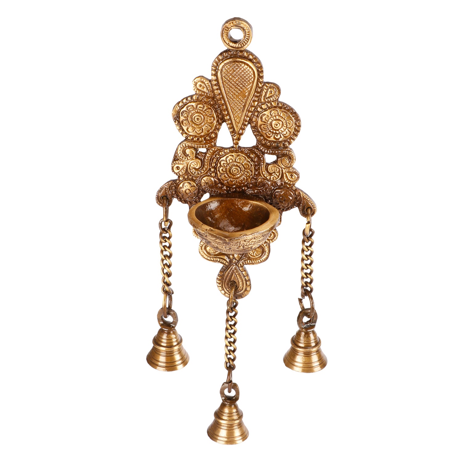 10 Inch Gold Color Brass Diya with 3 Bells on Chain: Designer Wall Decor & Gift for Home/Office. - SvarupArt