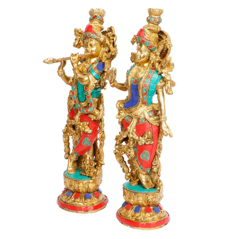 14" Radha Krishna Brass with Multicolor Gemstone Handwork
