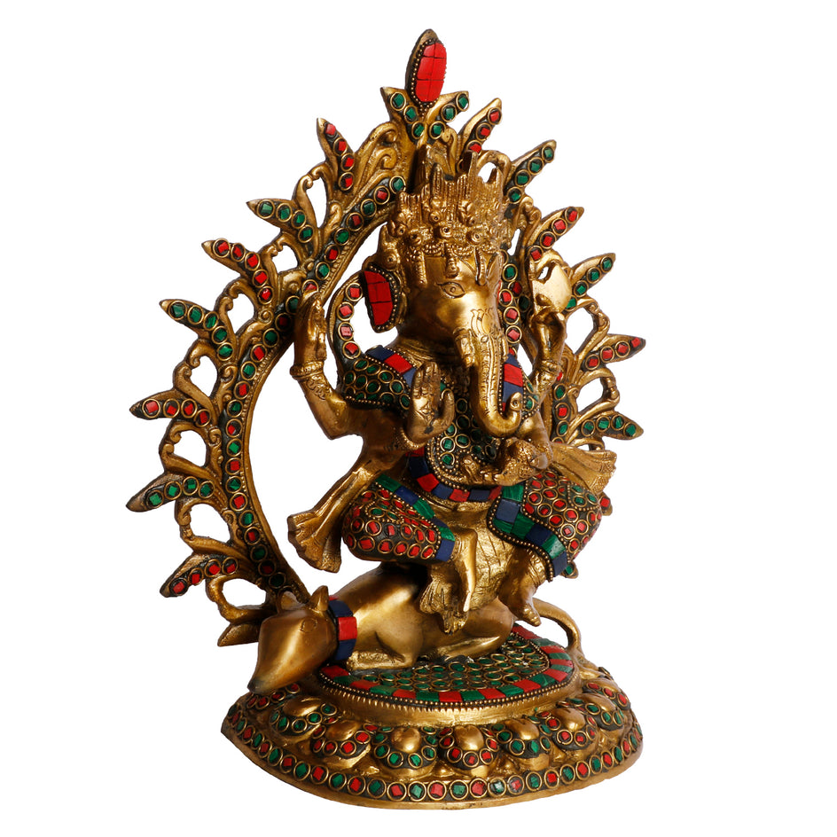 11.5" Lord Ganesha Brass with Inlay Murti