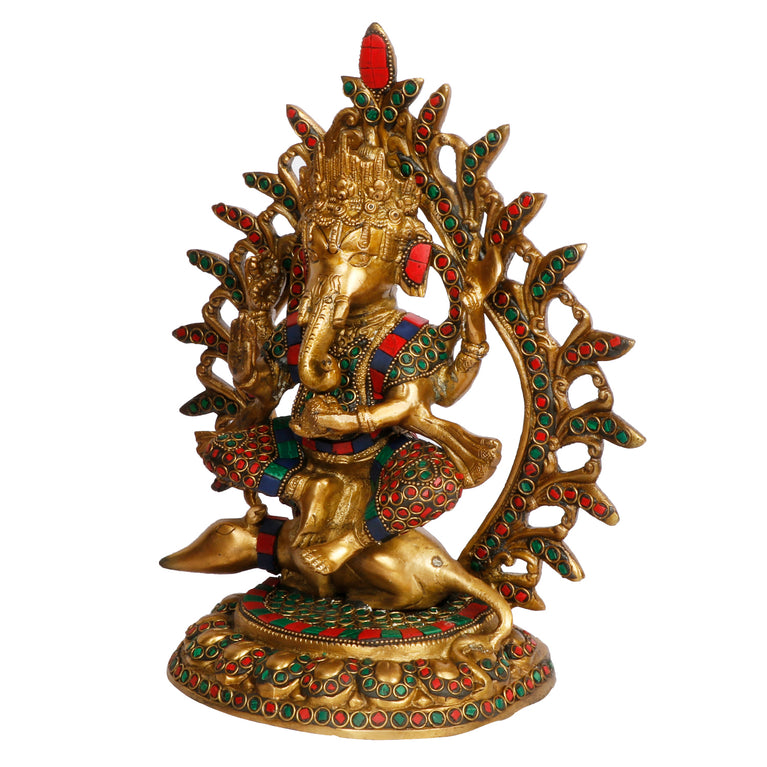 11.5" Lord Ganesha Brass with Inlay Murti