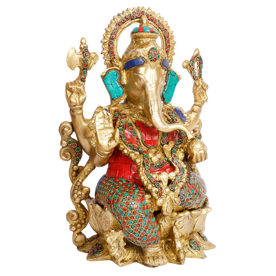 12" Ganesha Bhagwan Statue Brass With Inlay