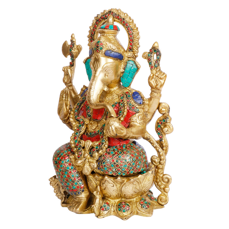 12" Ganesha Bhagwan Statue Brass With Inlay