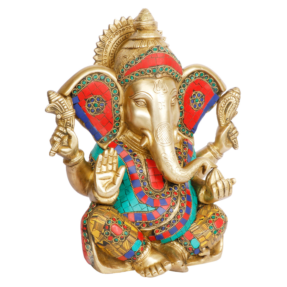 11" Ganesha Bhagwan Statue Brass With Inlay