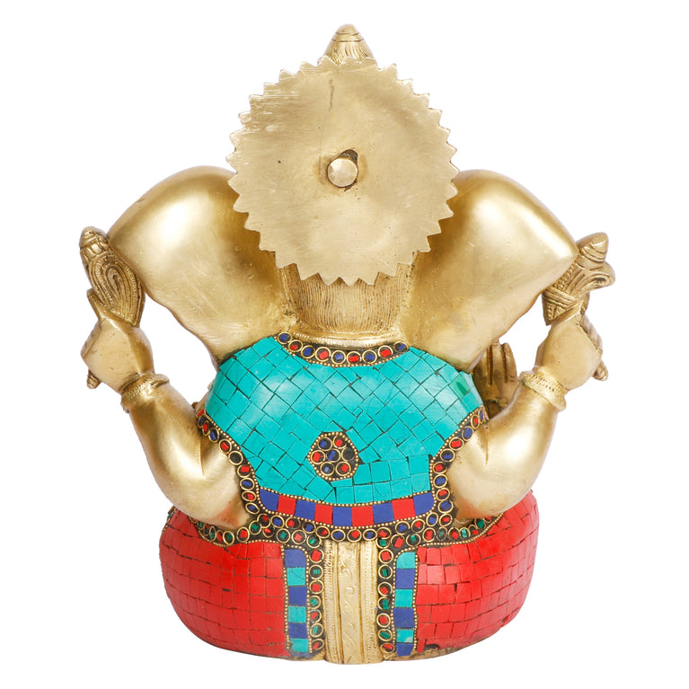 11" Ganesha Bhagwan Statue Brass With Inlay