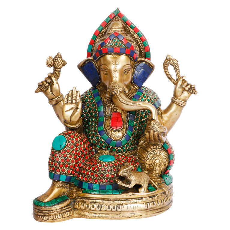 13" Lord Ganesha Brass with Inlay