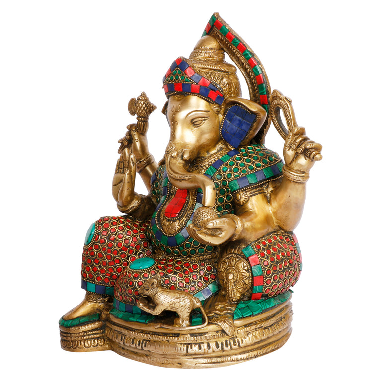 13" Lord Ganesha Brass with Inlay