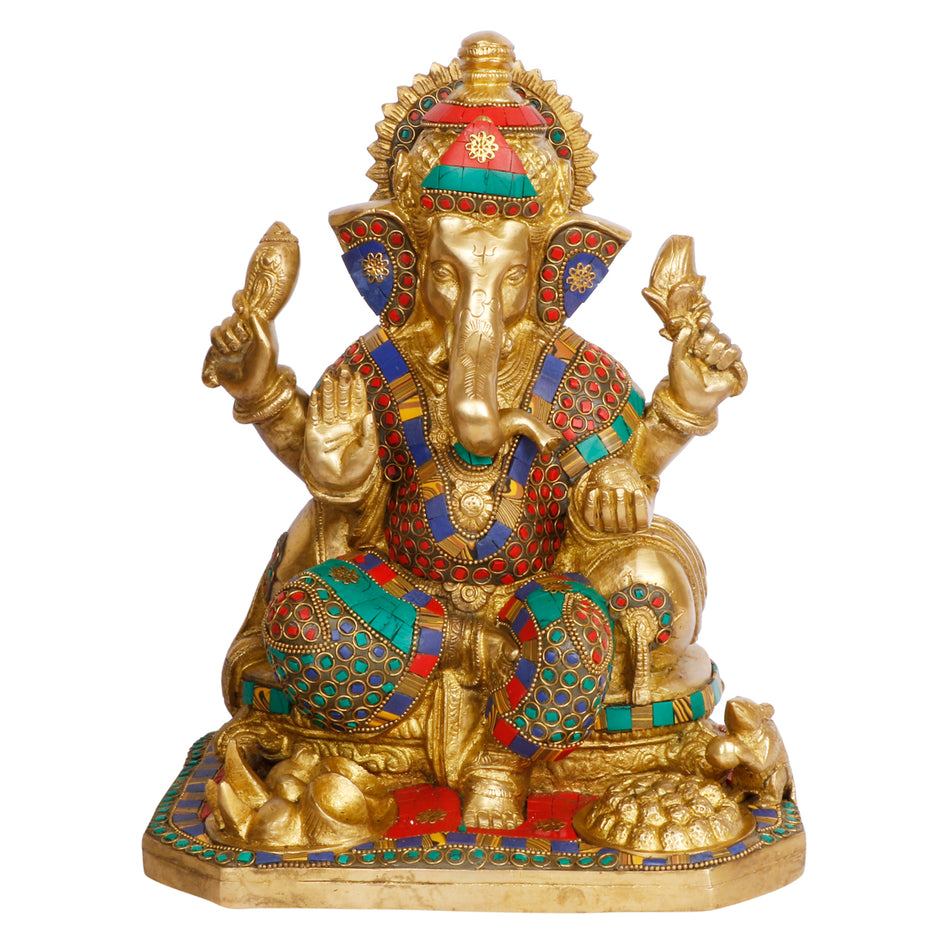 12" Ganesha with Ladoo & Fruit Plate Brass with Inlay