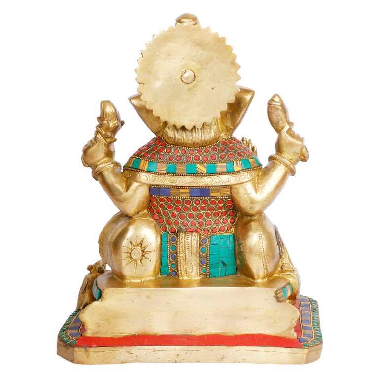 12" Ganesha with Ladoo & Fruit Plate Brass with Inlay