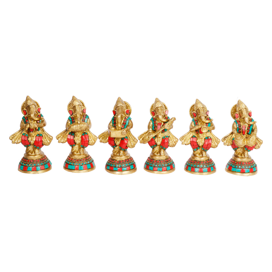 6" Ganesha Musical Set of 6 Brass with Inlay