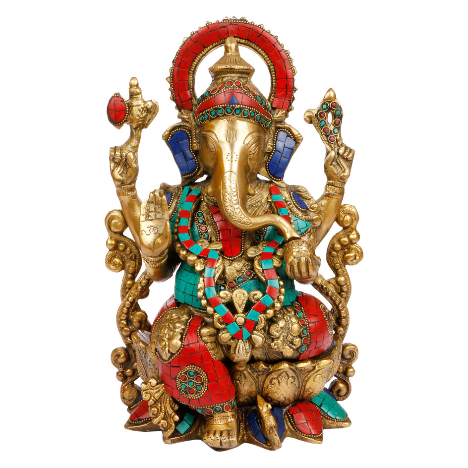 12" Ganesha Bhagwan Statue Brass with Multicolor Gemstone Handwork
