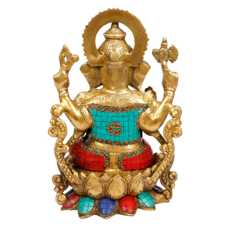 12" Ganesha Bhagwan Statue Brass with Multicolor Gemstone Handwork