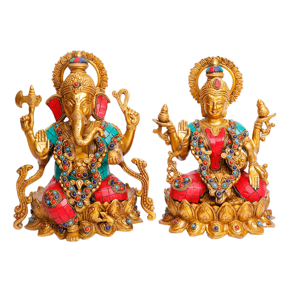 9" Lakshmi Ganesha Sitting On Lotus Brass with Inlay