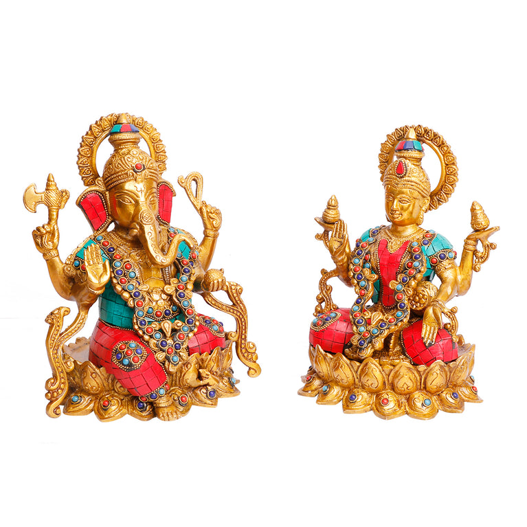9" Lakshmi Ganesha Sitting On Lotus Brass with Inlay