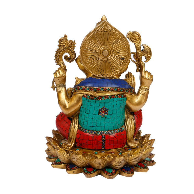 11" Lord Ganesha sitting on Lotus Brass with Gemstone Handwork