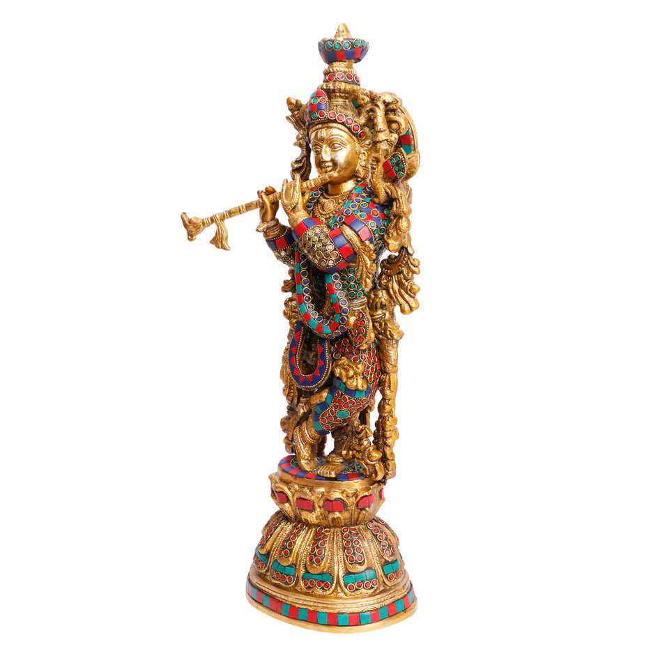 21" Lord Krishna Brass With Gemstone Handwork