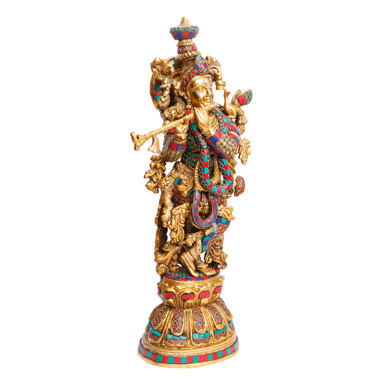 21" Lord Krishna Brass With Gemstone Handwork