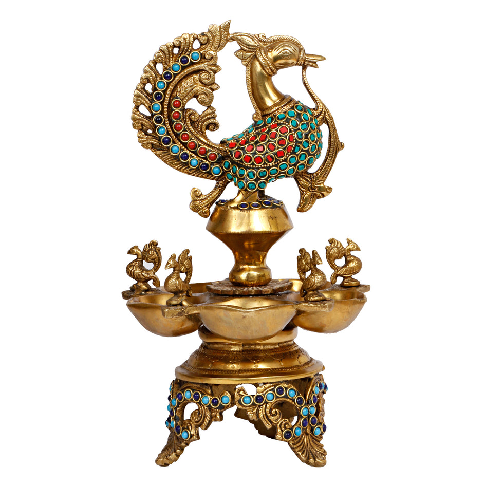 Peacock Diya Oil Lamp Brass with Inlay Handwork