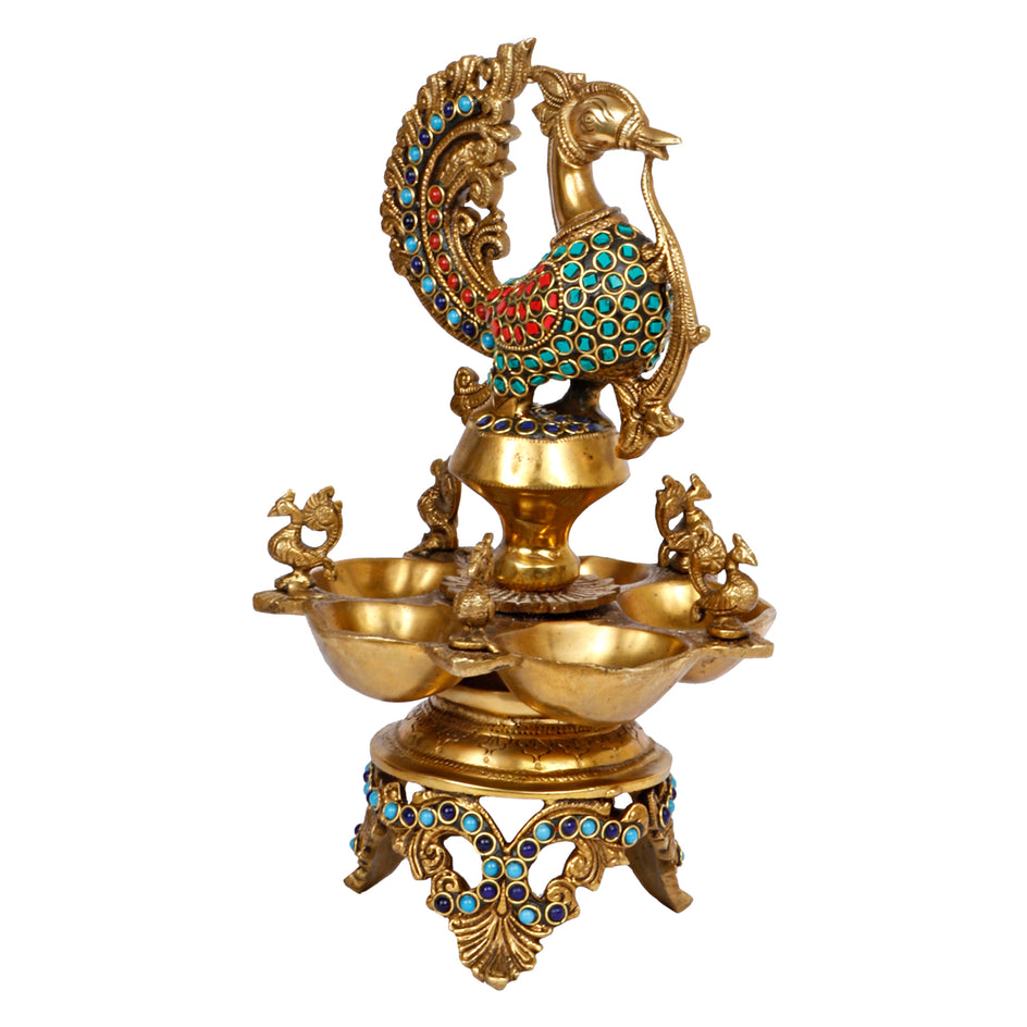 Peacock Diya Oil Lamp Brass with Inlay Handwork