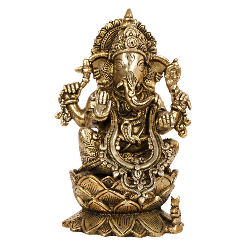 9" Ganesha Sitting on Lotus Brass Murti