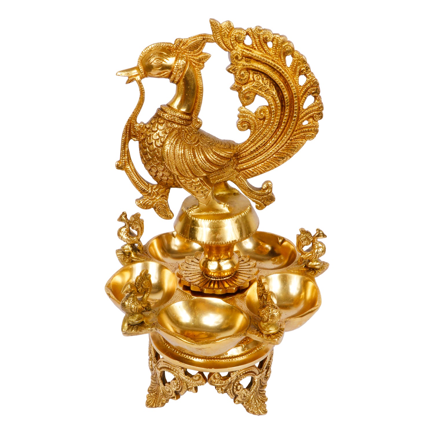 12 Inch Gold Color Brass Peacock Diya: Perfect for Home Temple Aarti, Camphor Burn, and Table Mandir - SvarupArt