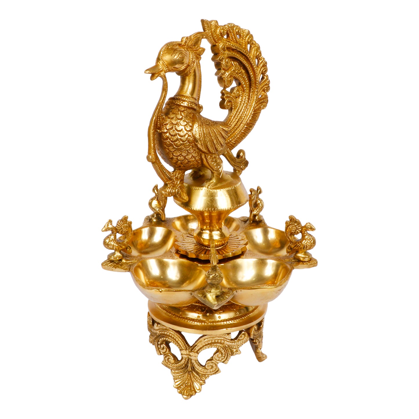 12 Inch Gold Color Brass Peacock Diya: Perfect for Home Temple Aarti, Camphor Burn, and Table Mandir - SvarupArt