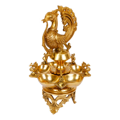 12 Inch Gold Color Brass Peacock Diya: Perfect for Home Temple Aarti, Camphor Burn, and Table Mandir - SvarupArt